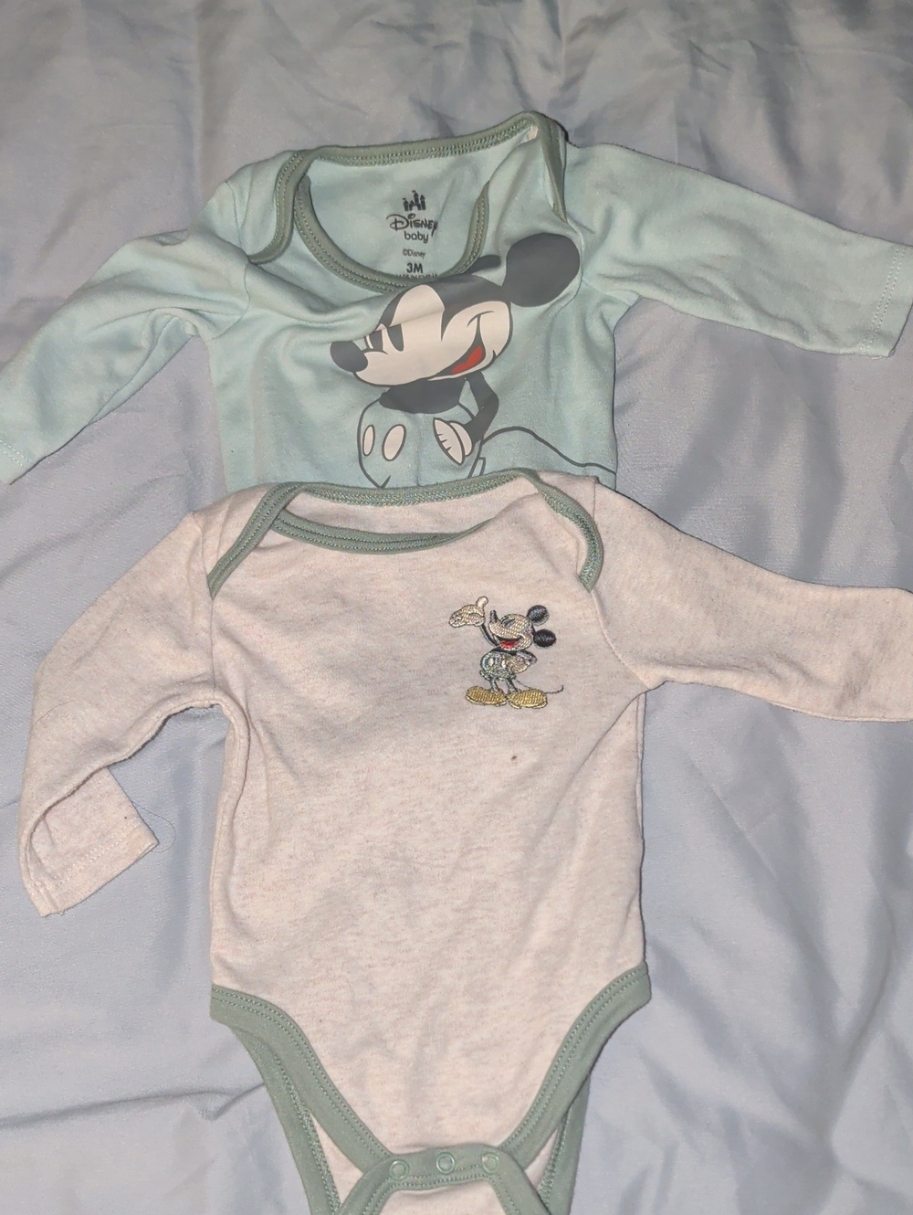 Disney Mickey Mouse Long-Sleeve One-Pieces - Light Green & Light Gray (2 Pack)